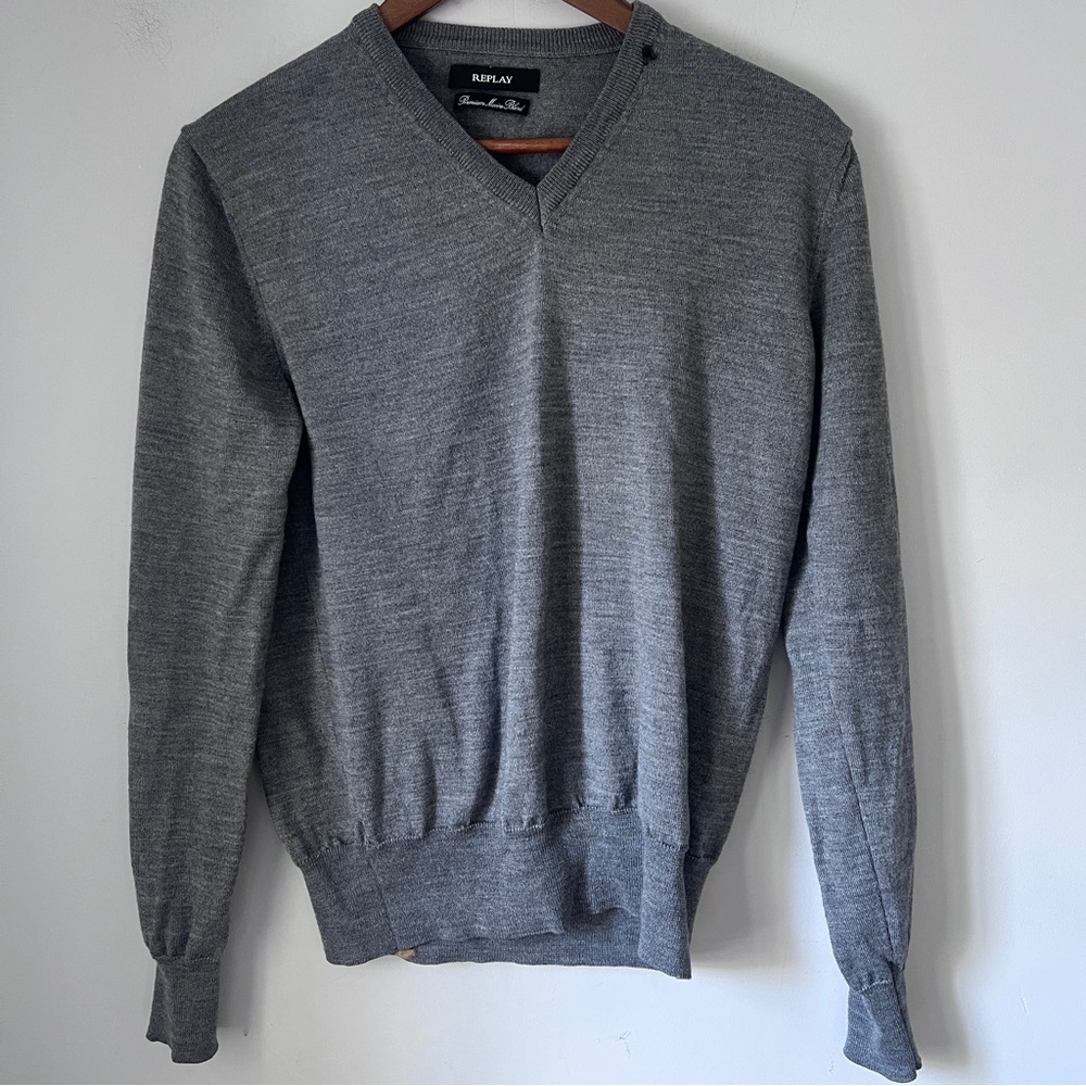 Replay Sweater Pullover V Neck Merino Wool Blend Grey Mens Size Medium